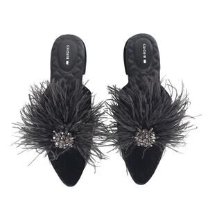 Birdies Dove Mules 7 Black Velvet Ostrich Feathers Rhinestone Brooch Slip On